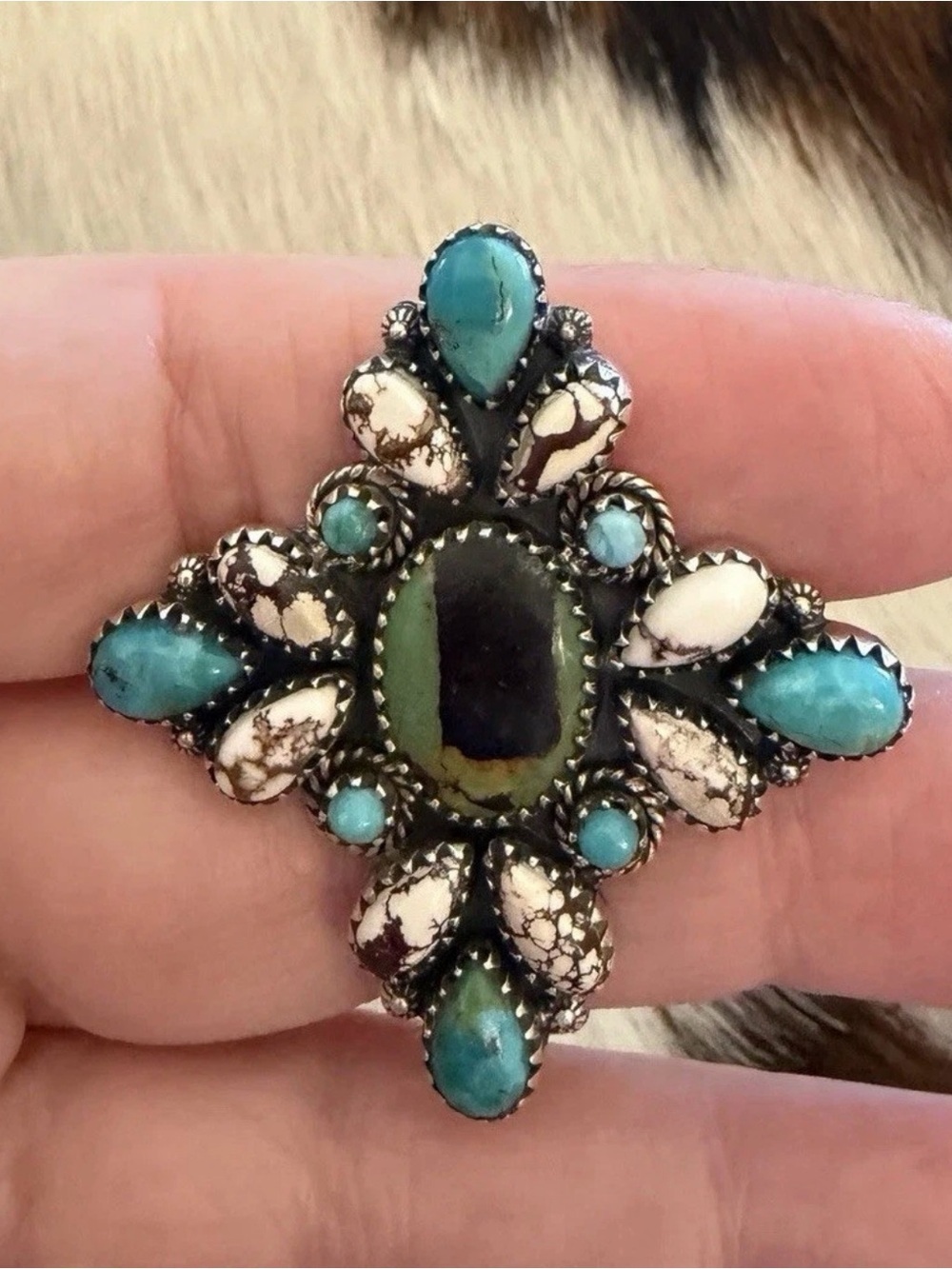 ❤️ Statement Cluster Blackjack Kingman Turquoise Wild Horse Jasper 925 ADJ Ring